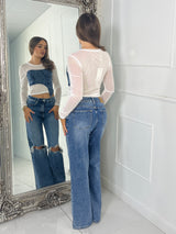 Long sleeve Denim Frill Corset Top - White Mesh With Blue Denim