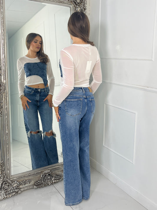 Long sleeve Denim Frill Corset Top - White Mesh With Blue Denim