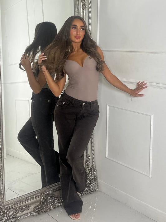 Pocket Back Detail Flared Jeans- Brown