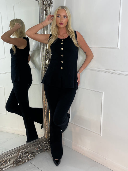 Gold button detail waistcoat and flares co-ord - Black
