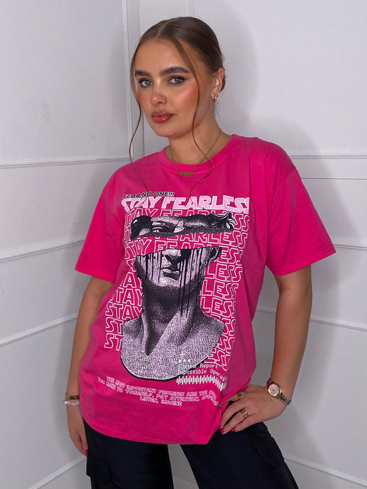 Fearless Statue Print  T-shirt- Hot Pink