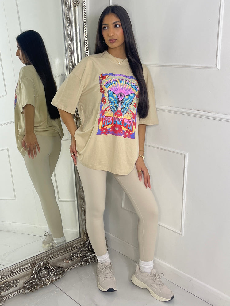 Ribbed Collar Oversized T-Shirt - Beige Butterfly Print