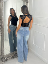 Sleeveless Mesh V Lace Bodysuit - Black