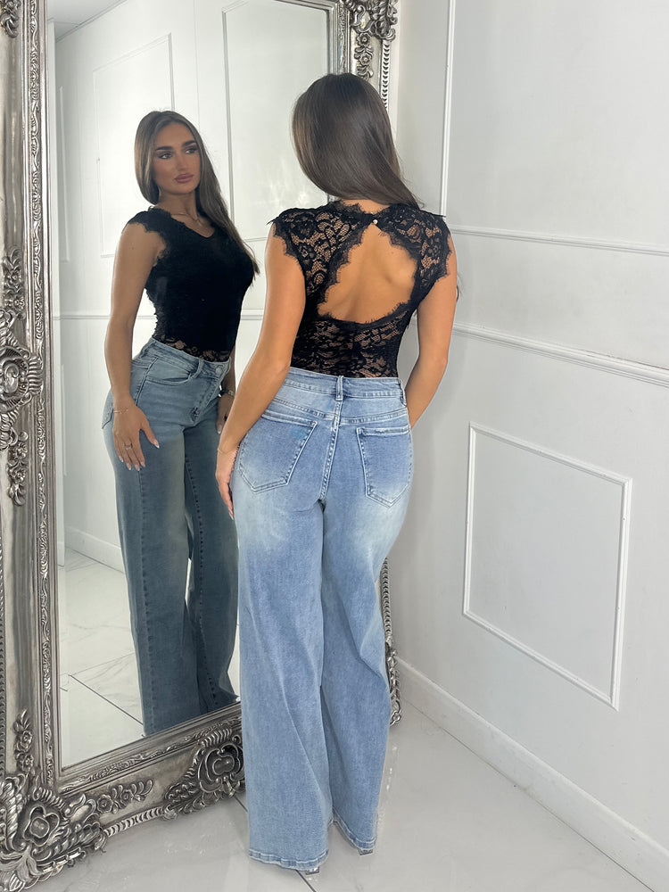 Sleeveless Mesh V Lace Bodysuit - Black