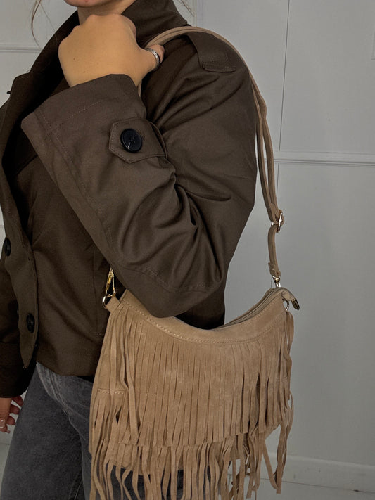Suede Tassle Shoulder Bag - Beige