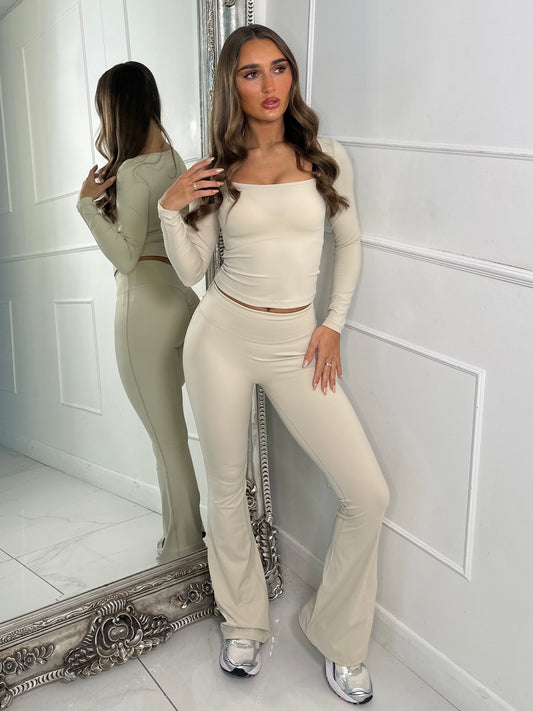 Square Neck Long Sleeve Top & Sculpt Ruched Bum Flares Co-ord - Cream