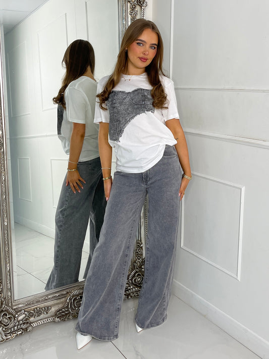 Grey Denim Print Oversized T-shirt - White