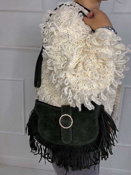 Suede Silver Buckle Detail Tassle Bag - Khaki