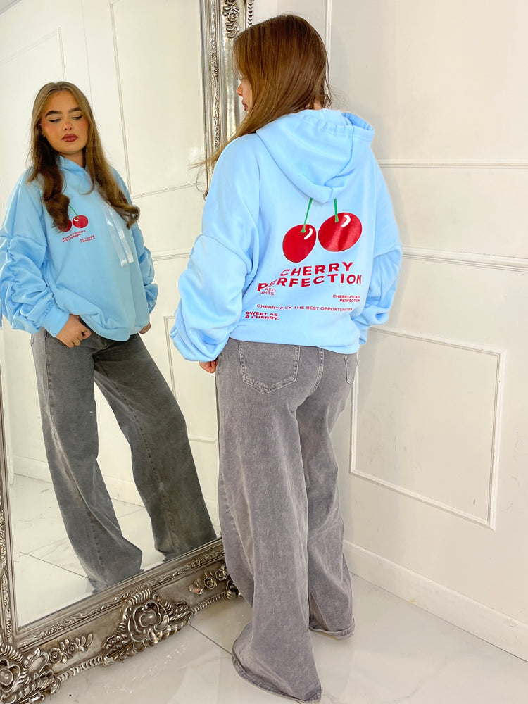 Cherry Perfection Print Ruche Sleeve Hoodie - Baby Blue