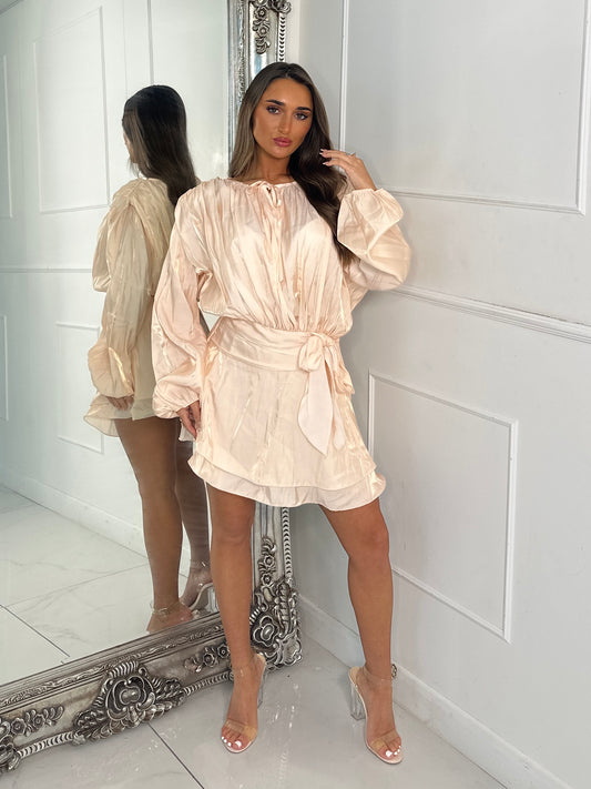 Pleated Belt Detail Chiffon Shirt Dress - Light Beige