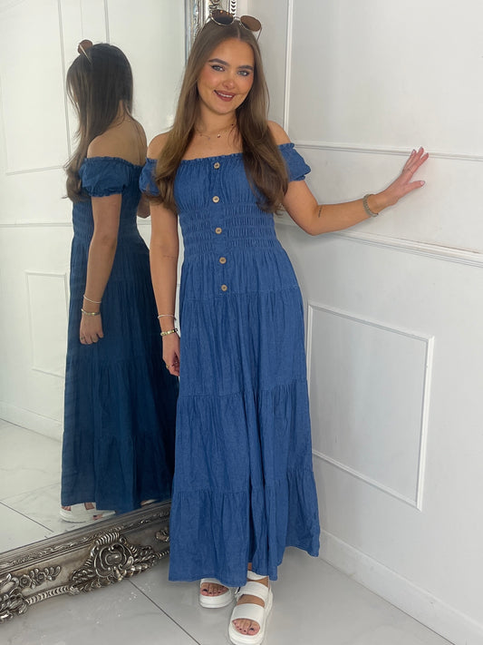 Button Detail Denim Maxi Dress - Blue