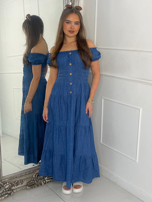 Button Detail Denim Maxi Dress - Blue