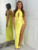 Starfish Detail Deep V Halterneck Top & Slit Midi Skirt Co-ord - Yellow