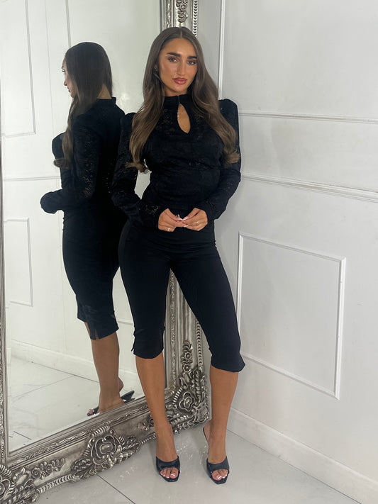 Lace Long Puff Sleeve Top with Waist Corset - Black