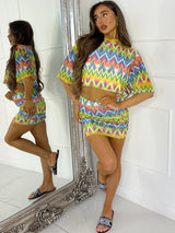 Mesh Cropped T-Shirt and Ruched Side Skirt Co-Ord - Multi Zigzag