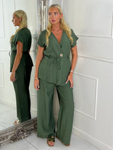 Linen Tie Waist V Neck Top & Wide Leg Pants Co-Ord - Khaki