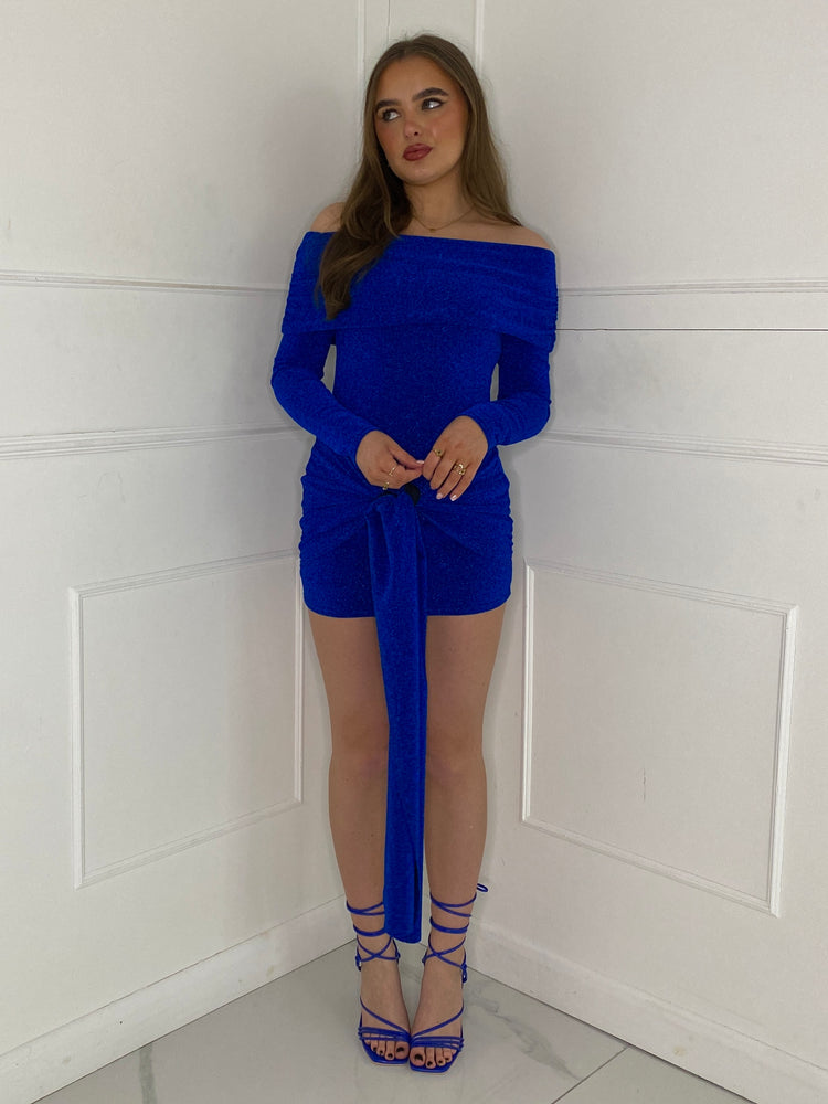 Glitter Off Shoulder Long Sleeve Dress -Royal Blue