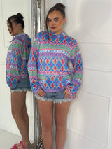 Crochet Print Hoodie - Blue Crochet