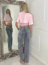 Padded Shoulder Cropped Tee With Lace Bra Underlayer - Baby Pink