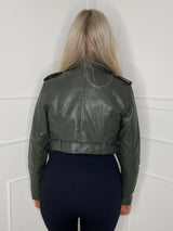 Cropped Pu Leather Jacket - Khaki