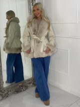 Faux Fur & Pu Contrast Waterfall Jacket - Beige