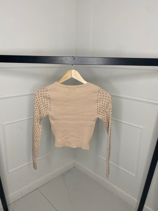 Cross Detail Studded Jumper- Beige