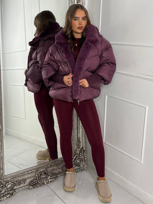 Hooded Puffer Coat With Faux Fur Trim - Wine