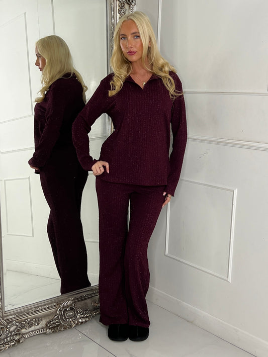 Lurex Glitter Oversized Shirt & Wide Leg Pants Co-Ord - Wine