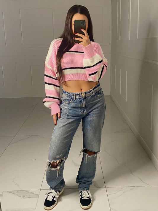 Striped Cropped Knitted Jumper - Pink
