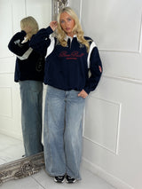 Varsity Slogan Detail Rugby Style Top - Navy/Multi