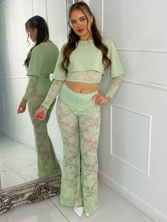 Round neck Lace Sleeves Crop Tee & Built In Black Knicker Underlayer Lace Flares Co-Ord - Sage Green