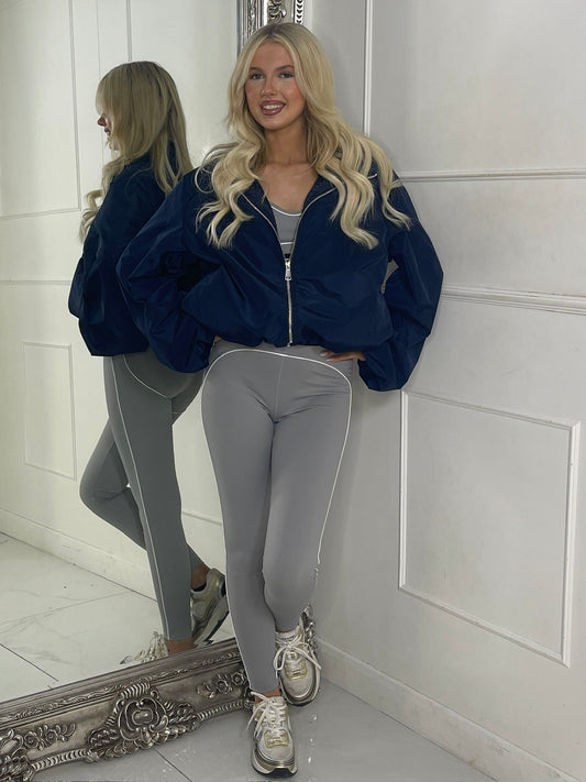 Zip up Puff sleeve oversized windbreaker - Navy Blue