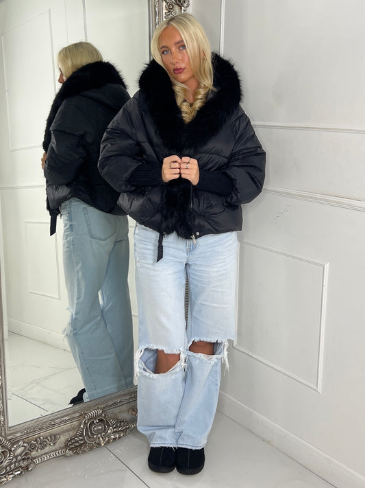 Hooded Faux Fur Puffer Coat With Buckle Detail - Black