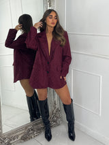 Lace Diamante Detail Oversized Blazer Dress - Wine