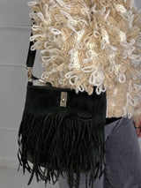 Small Suede Full Tassel Gold Lock Detail Shoulder Bag - Khaki