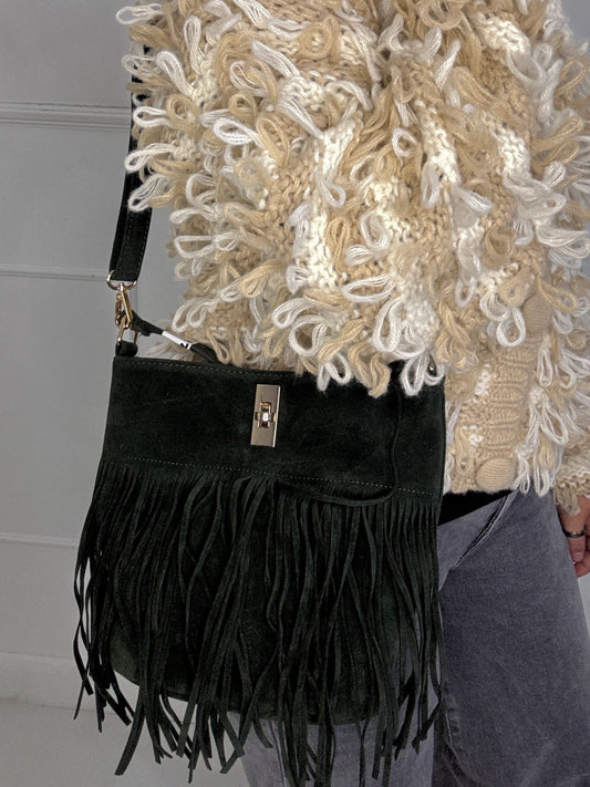 Small Suede Full Tassel Gold Lock Detail Shoulder Bag - Khaki