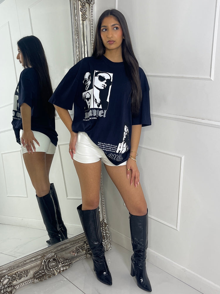 Ribbed Collar Oversized T-Shirt - Navy No Angel Print