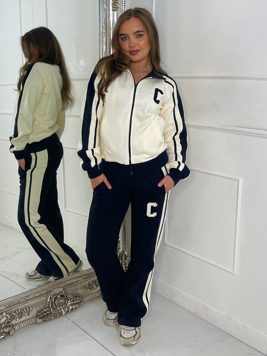 Colour Block Contrast “C” Embroidery Tracksuit - Black/Cream