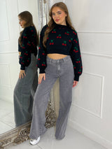 Cherry Cropped Knitted Jumper - Black