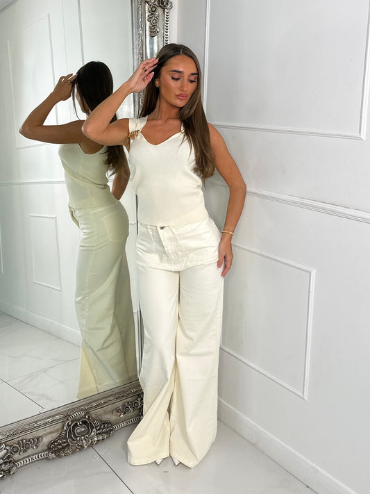 Ribbed vneck gold detail top - Light Beige