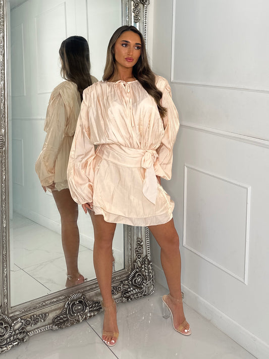 Pleated Belt Detail Chiffon Shirt Dress - Light Beige