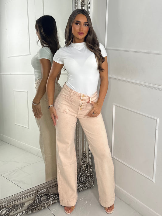 High Waist Pocket Front Jewelled Button Acid Wash Jeans - Peach