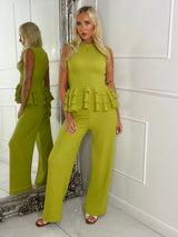 Cheesecloth High Neck Ruffle Bottom Top & Matching Flares Co-ord - Lime Green