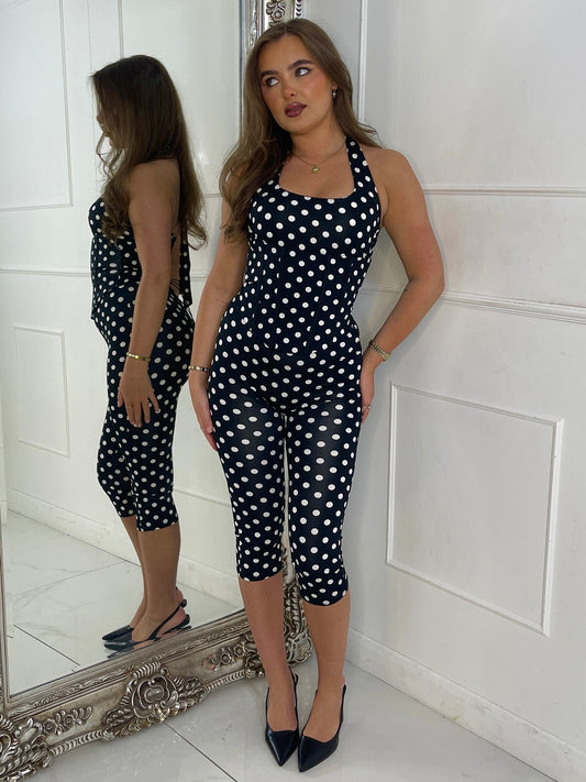 3 Piece Halter Neck Top , Corset & Capri Leggings - Black Polka Dot