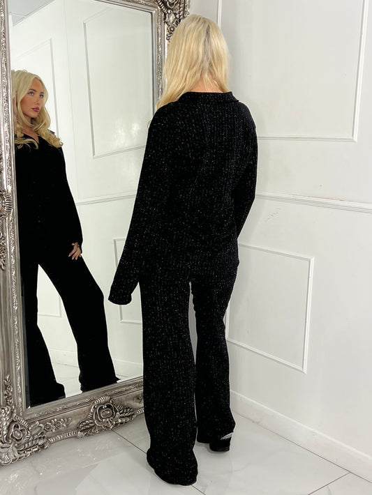 Lurex Glitter Oversized Shirt & Wide Leg Pants Co-Ord - Black