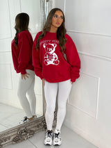 Oversized Sporty Season Teddy Bear Sweatshirt - Red & White