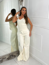 Ribbed vneck gold detail top - Light Beige