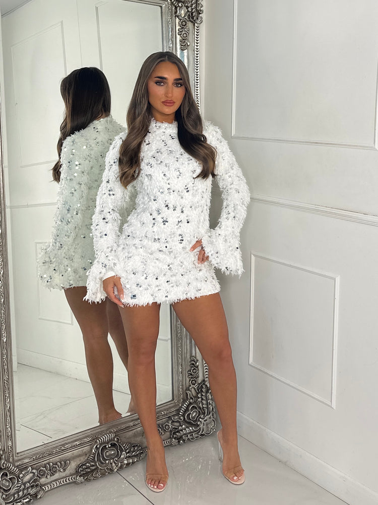 Feather Sequin Contrast Long Sleeve Dress - White