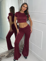 Crop Tee & Fold Over Flares Loungesuit - Wine