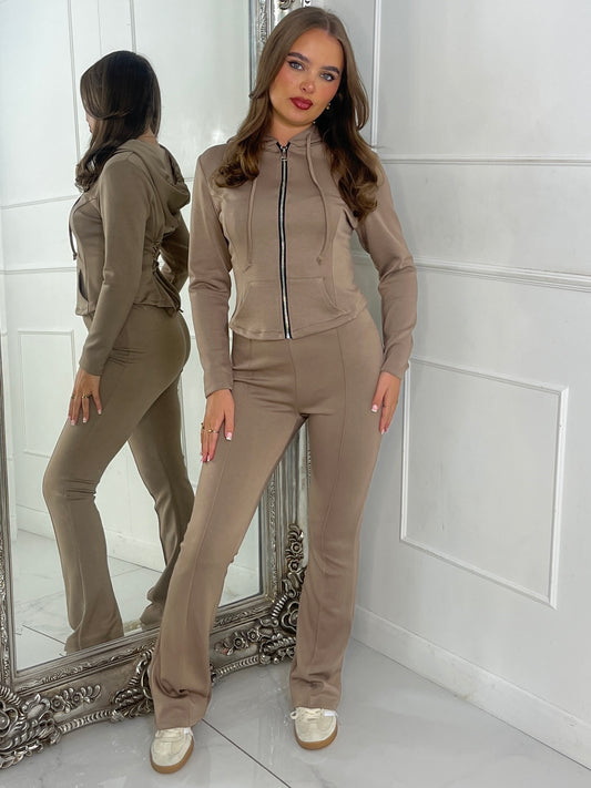 Tie Up Corset Detail Back Hoodie & Seam Detail Flared Pants - Taupe